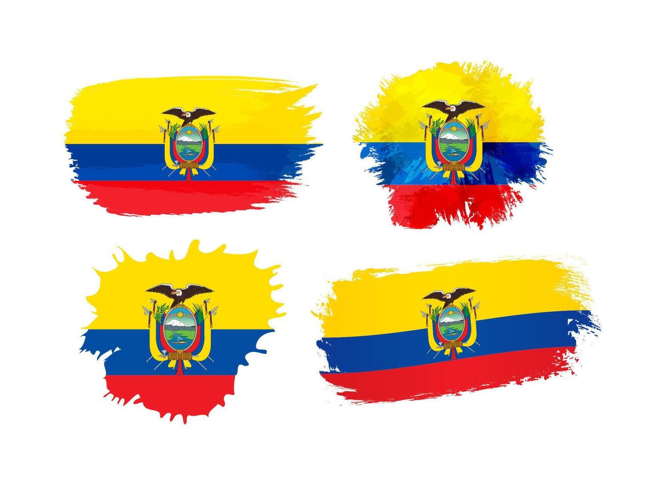Creative clipart of watercolor style spots with Ecuadorian flag background and clipping mask. Set of tourist icons. Collection of grunge elements with flag of Ecuador. Isolated design. Cute concept. vector