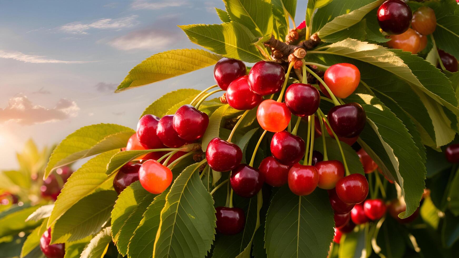 a bunch of cherries on a tree photo