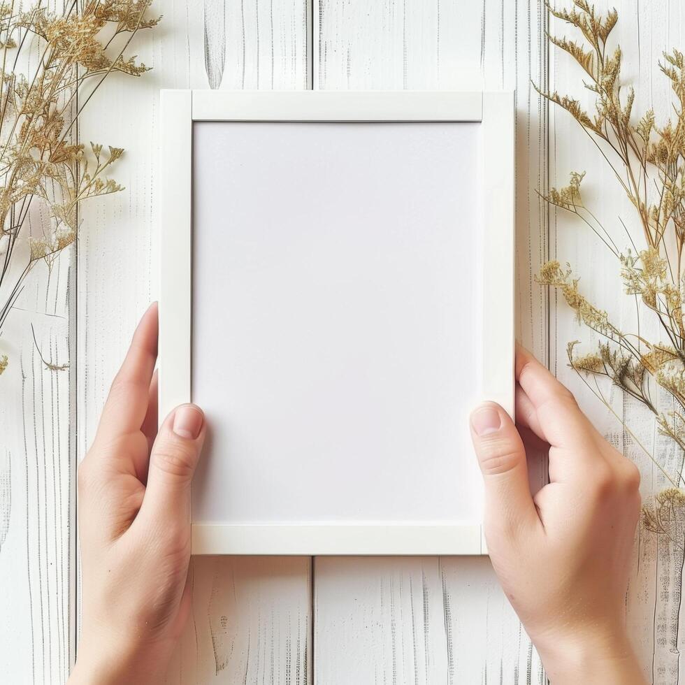 Hands Placing Blank Photo Frames on Wall for Mockup