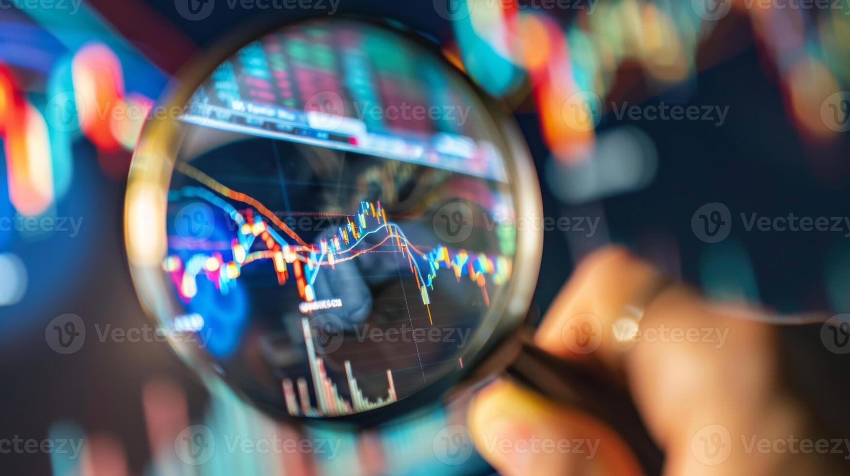 Close-Up of Magnifying Glass Focused on Stock Market Indicators with Blurred Background photo