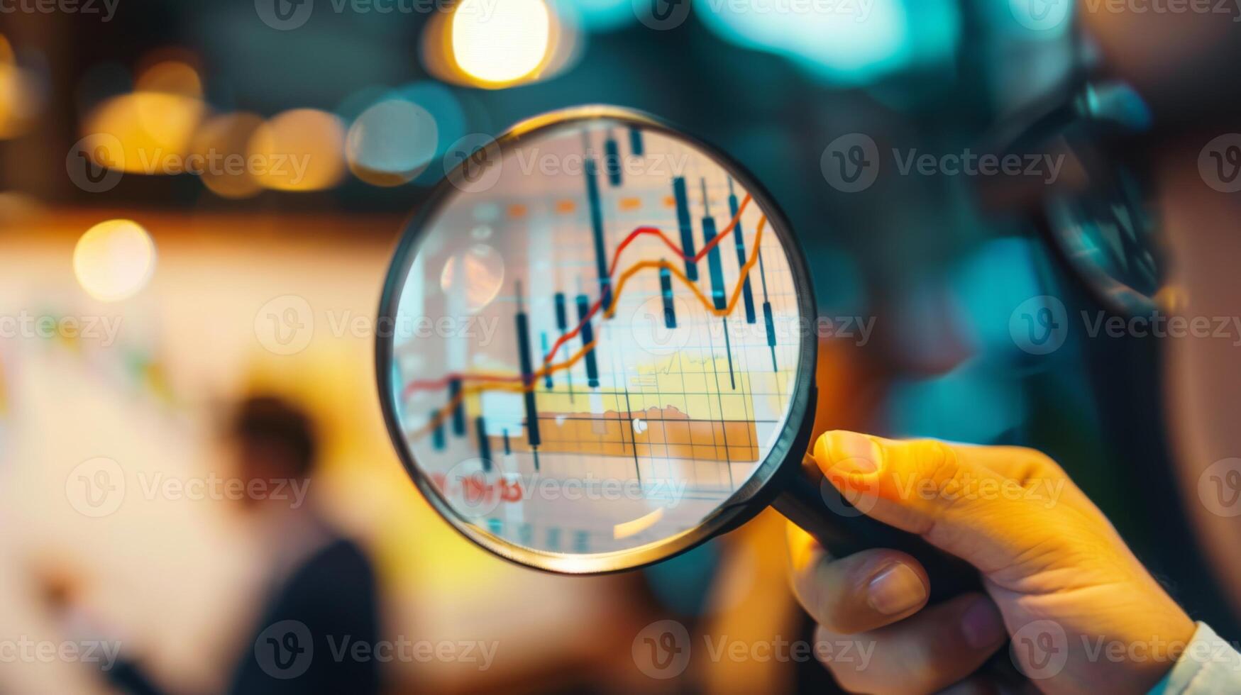 Close-Up of Magnifying Glass Focused on Stock Market Indicators with Blurred Background photo