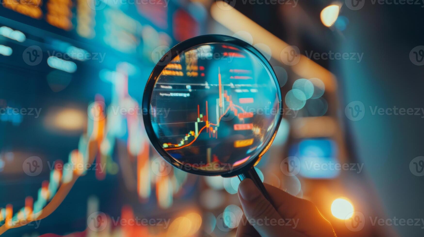 Close-Up of Magnifying Glass Focused on Stock Market Indicators with Blurred Background photo