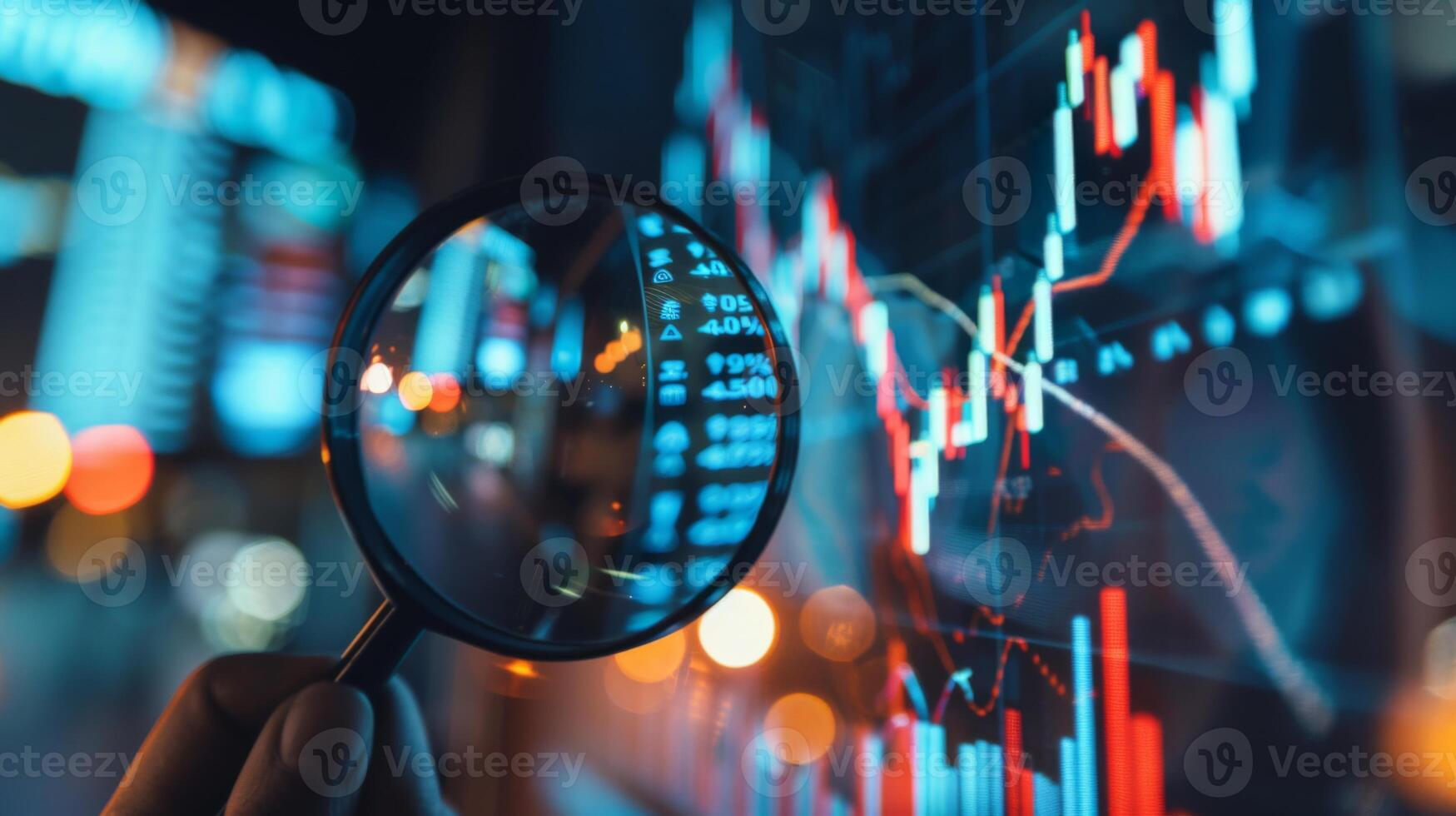 Close-Up of Magnifying Glass Focused on Stock Market Indicators with Blurred Background photo