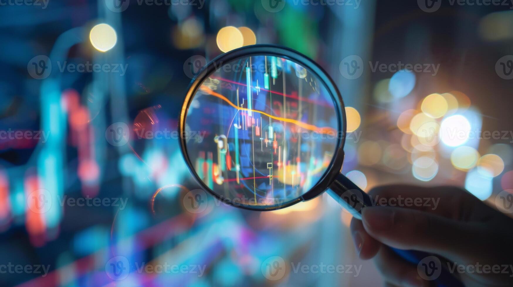 Close-Up of Magnifying Glass Focused on Stock Market Indicators with Blurred Background photo