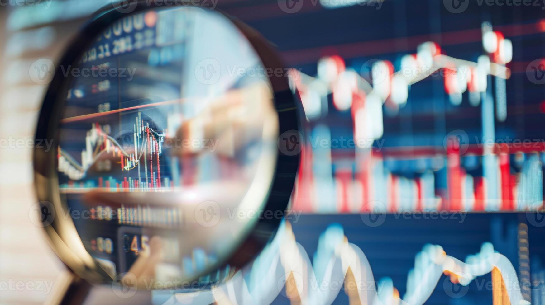 Close-Up of Magnifying Glass Focused on Stock Market Indicators with Blurred Background photo