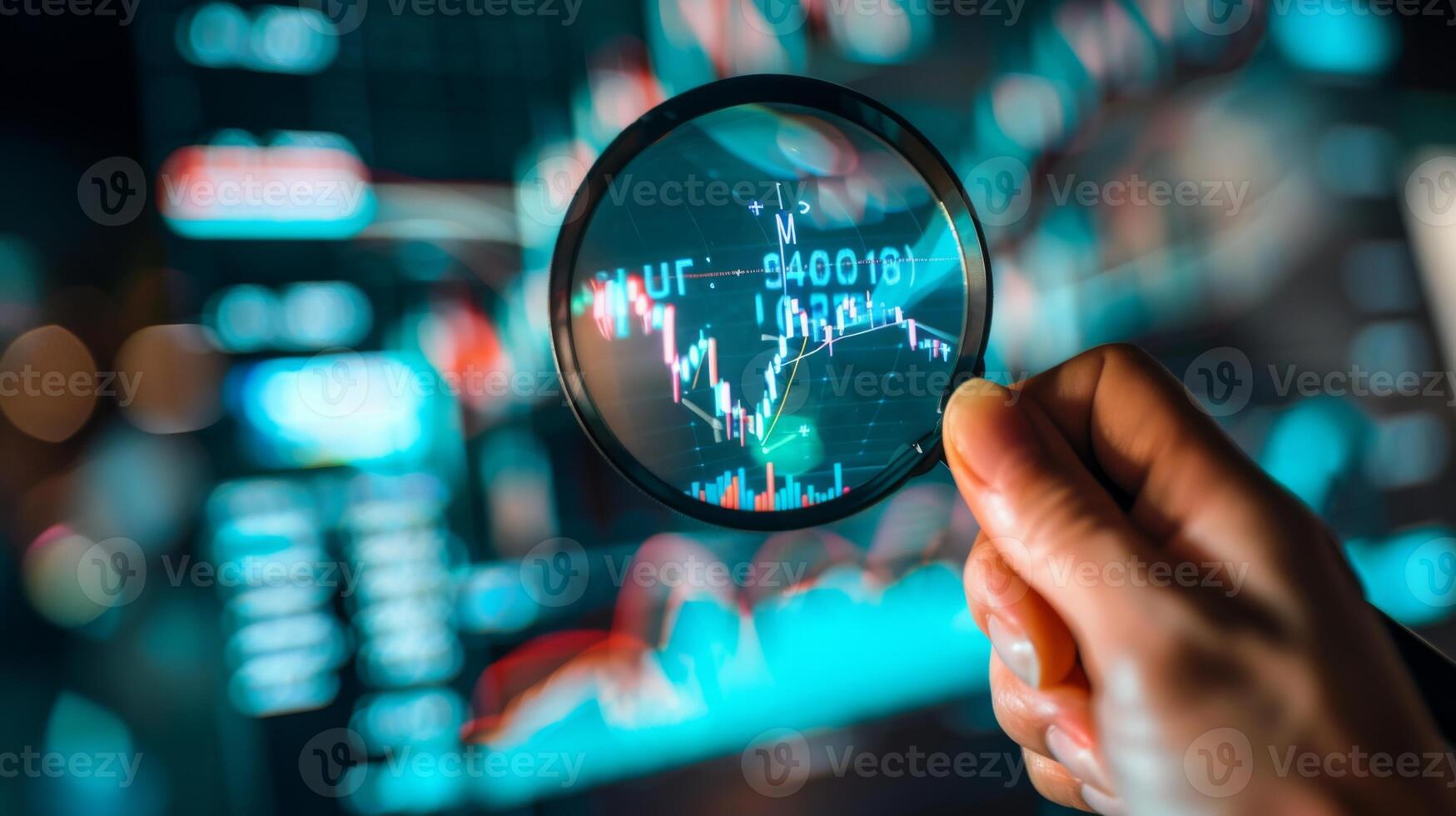 Close-Up of Magnifying Glass Focused on Stock Market Indicators with Blurred Background photo