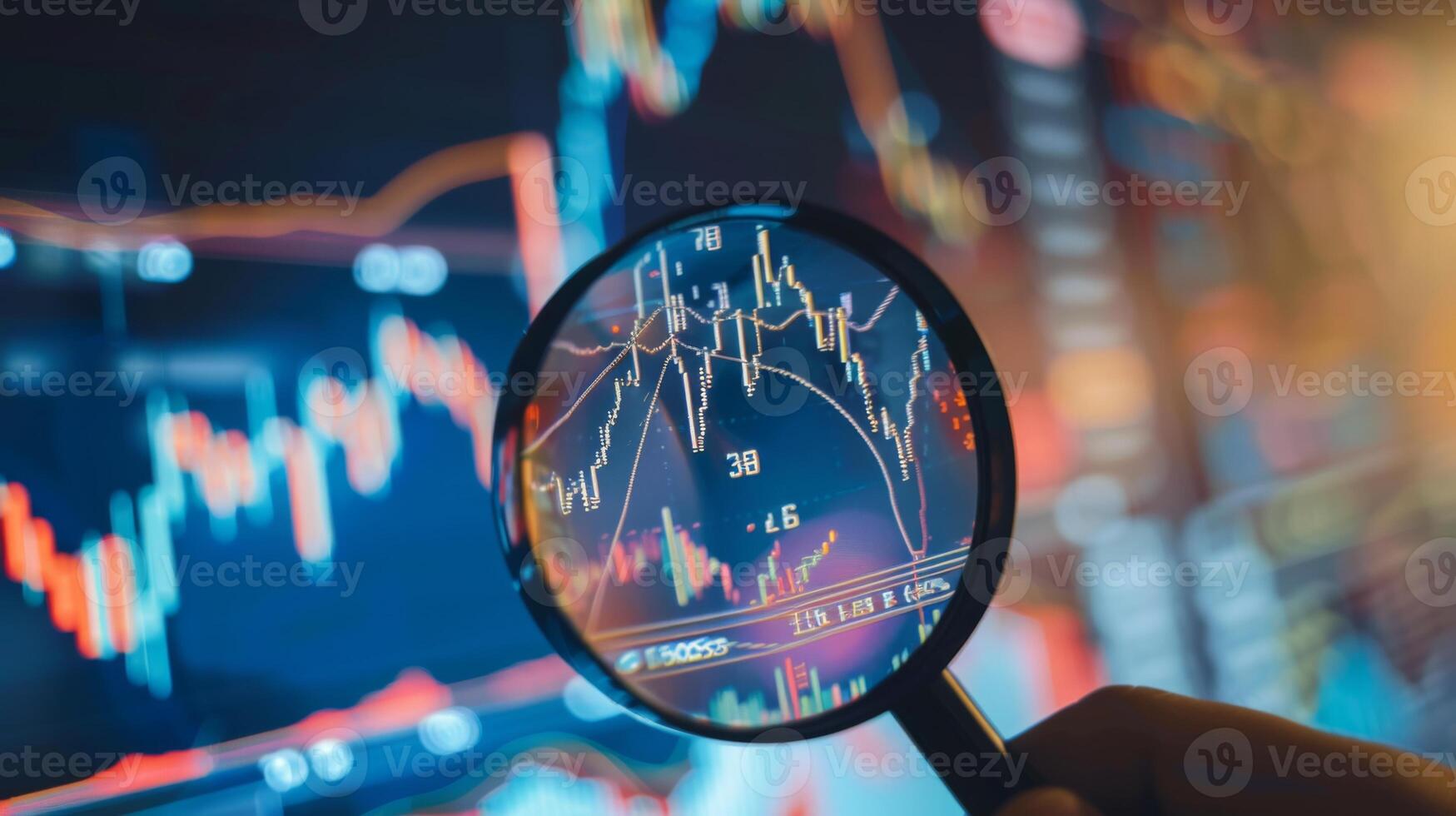 Close-Up of Magnifying Glass Focused on Stock Market Indicators with Blurred Background photo