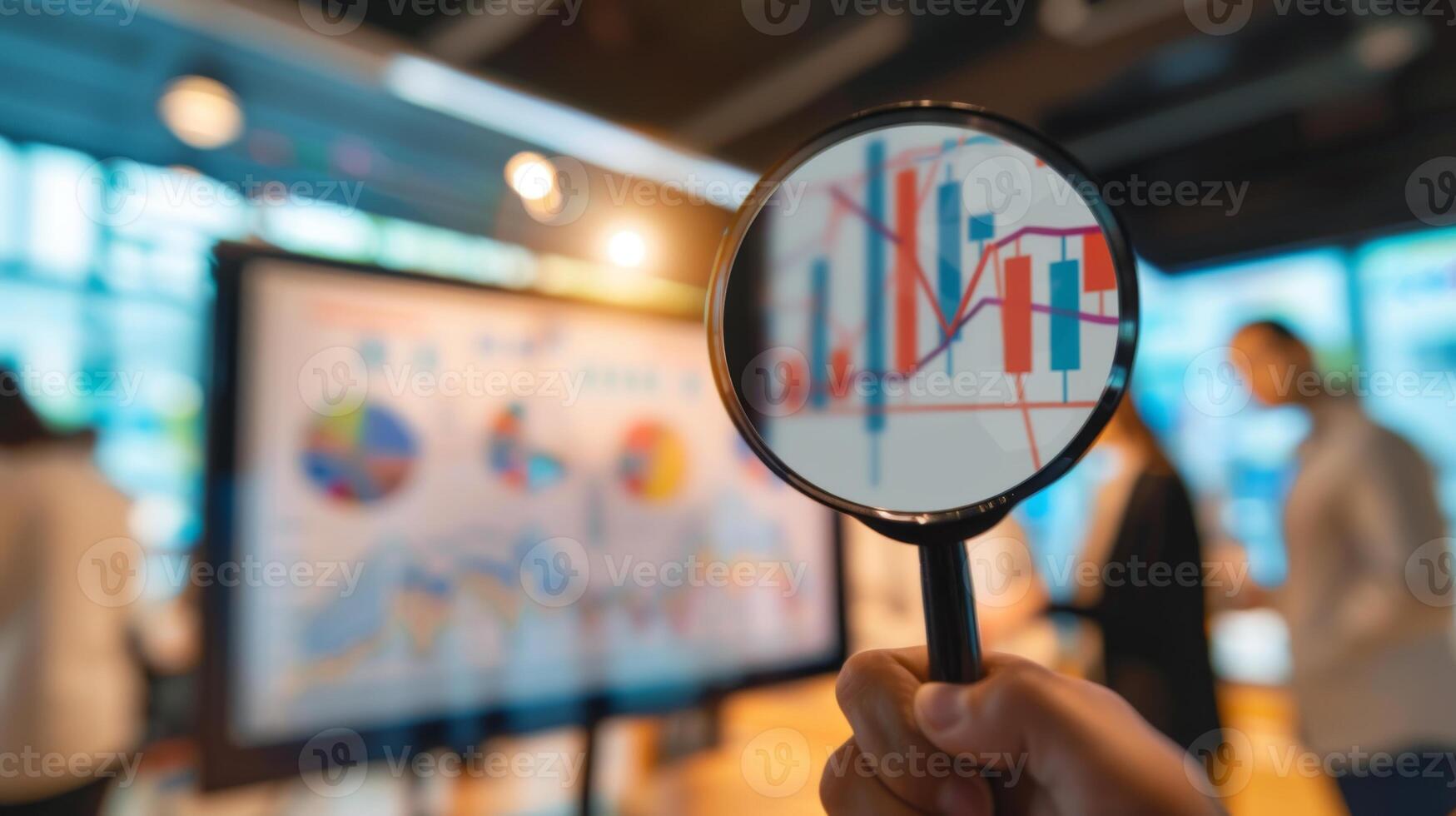 Close-Up of Magnifying Glass Focused on Stock Market Indicators with Blurred Background photo