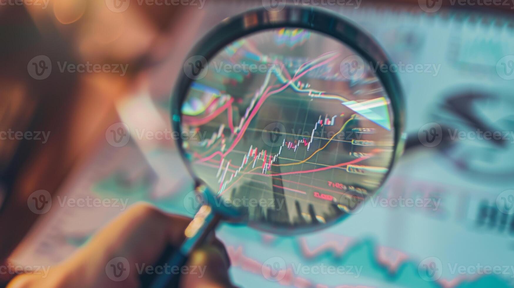 Close-Up of Magnifying Glass Focused on Stock Market Indicators with Blurred Background photo