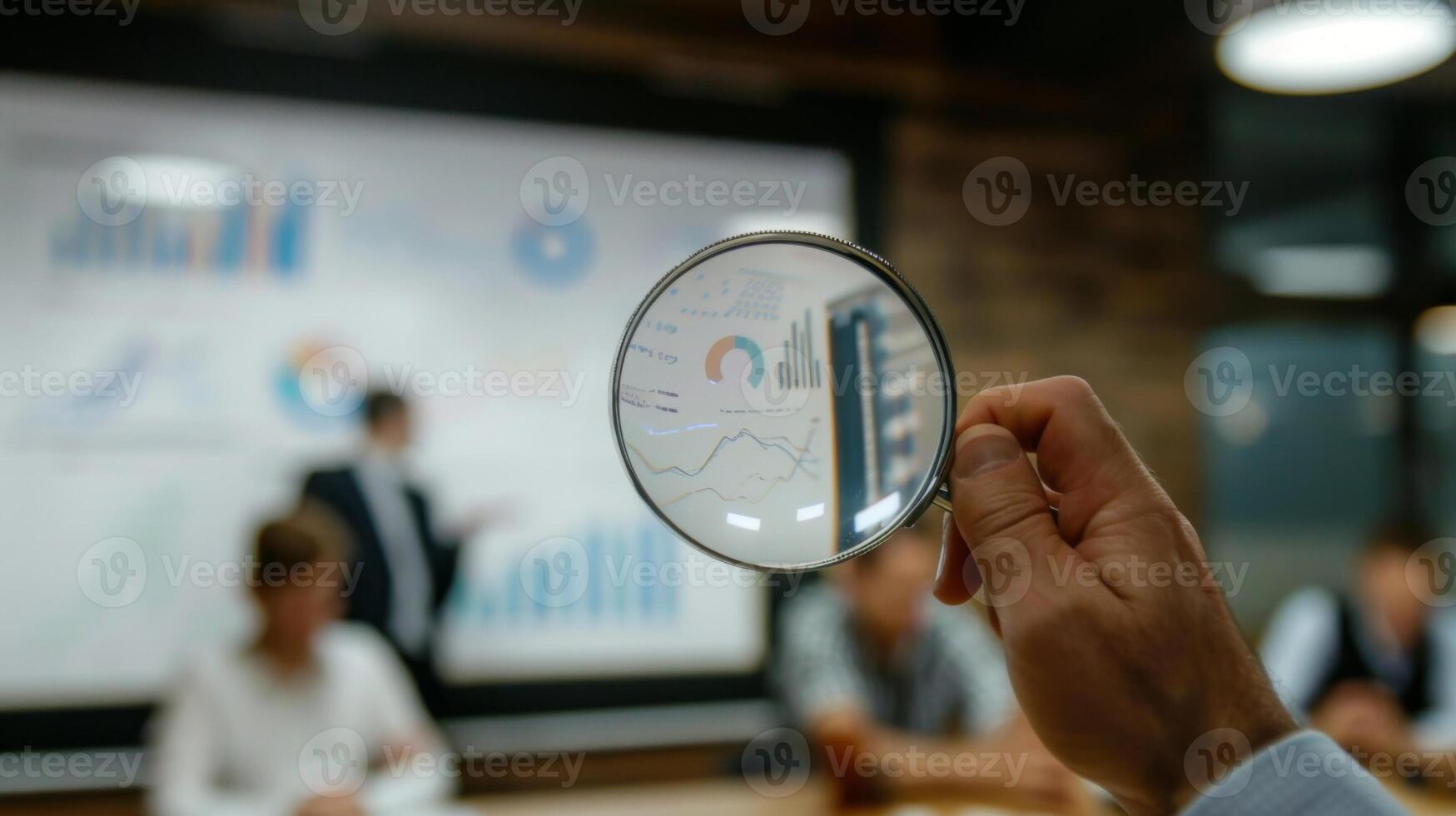 Close-Up of Magnifying Glass Focused on Stock Market Indicators with Blurred Background photo