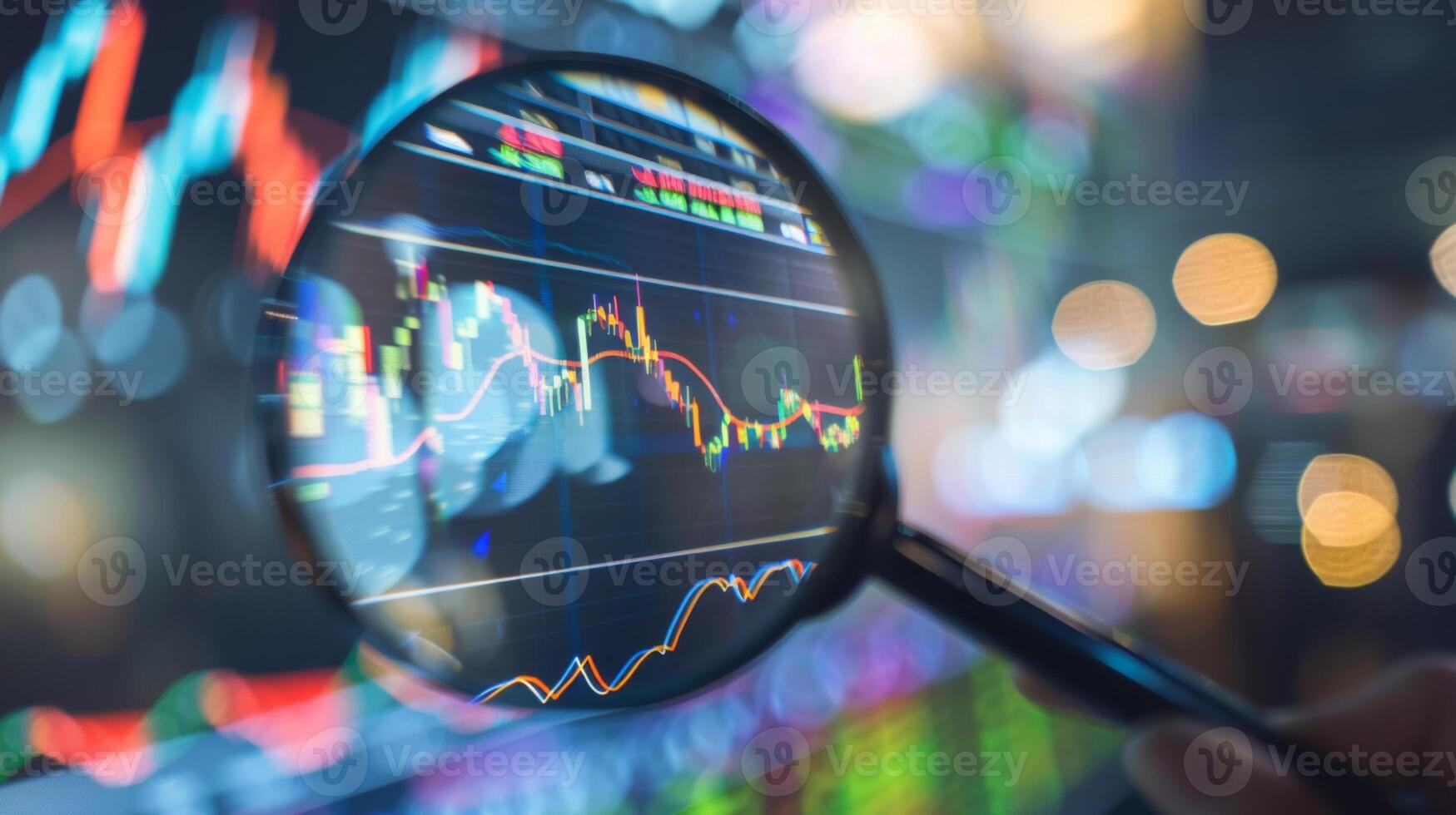 Close-Up of Magnifying Glass Focused on Stock Market Indicators with Blurred Background photo