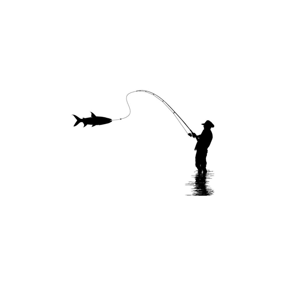 Silhouette of the Fisherman or Angler Catch Fish, can use for Art Illustration, Logo Gram, Sticker, or Graphic Design Element vector