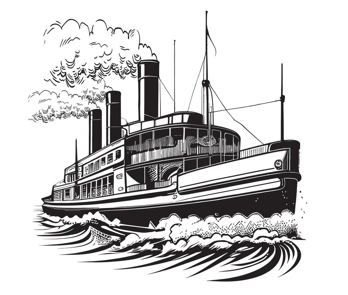 Ship steamship retro hand drawn sketch illustration Transport vector