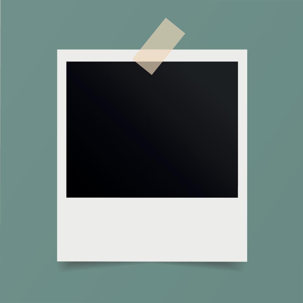 Instant photo frame on the wall. Blank photo stuck with sticky tape vector