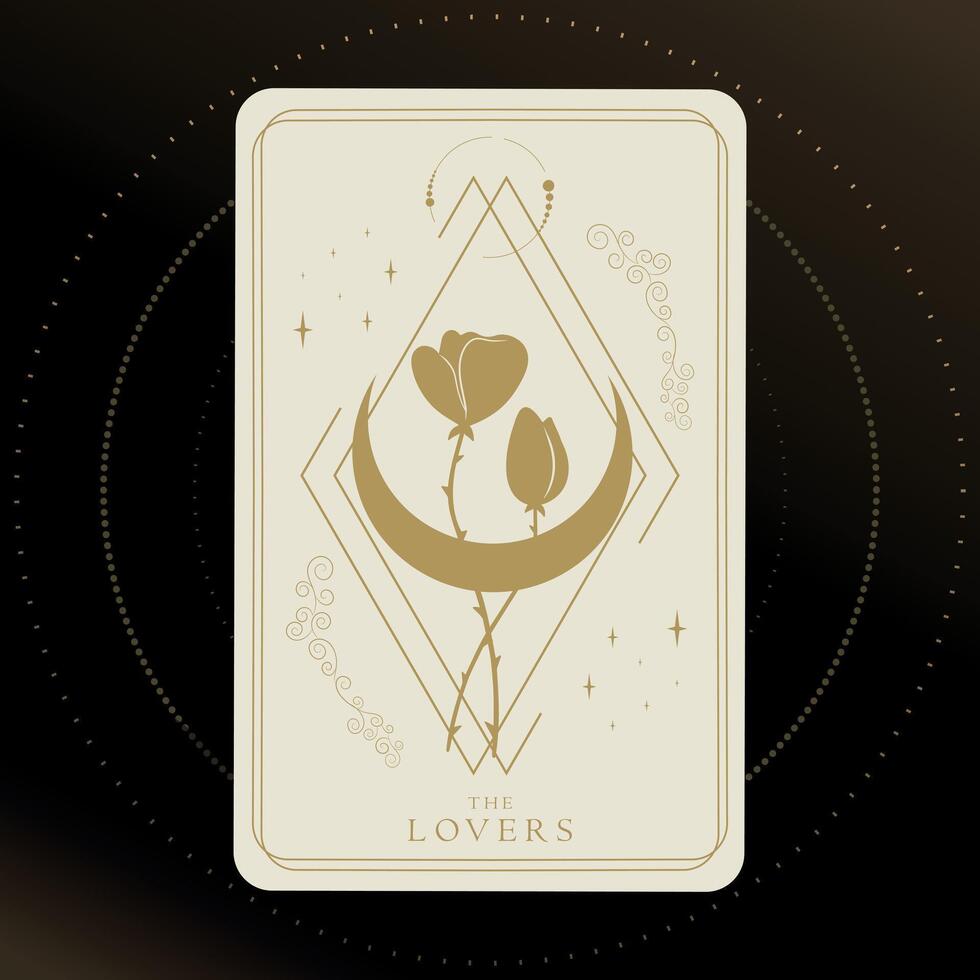Golden tarot card of Major Arcana the Lovers. Two intertwined flowers on shiny crescent background. Tarot symbolism. Mystery, astrology, esoteric vector