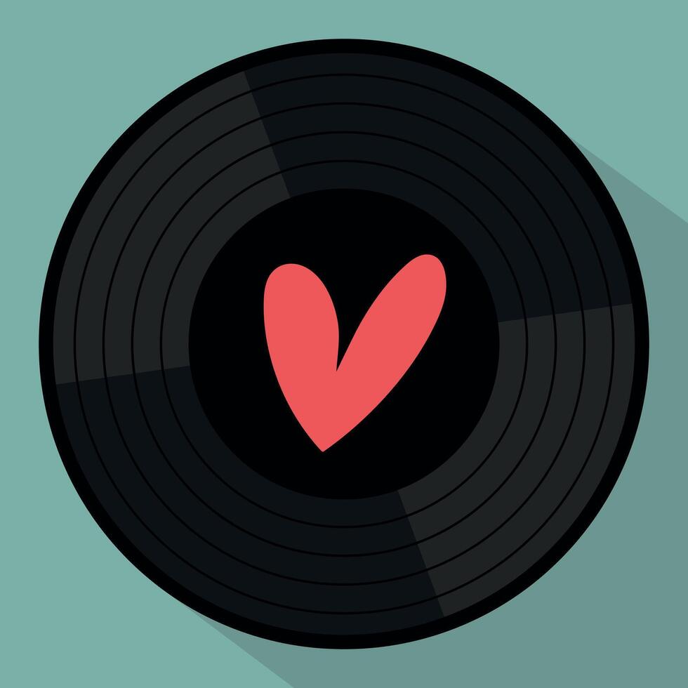 Vinyl record disk with heart. Retro vintage emblem of music lover in flat design vector