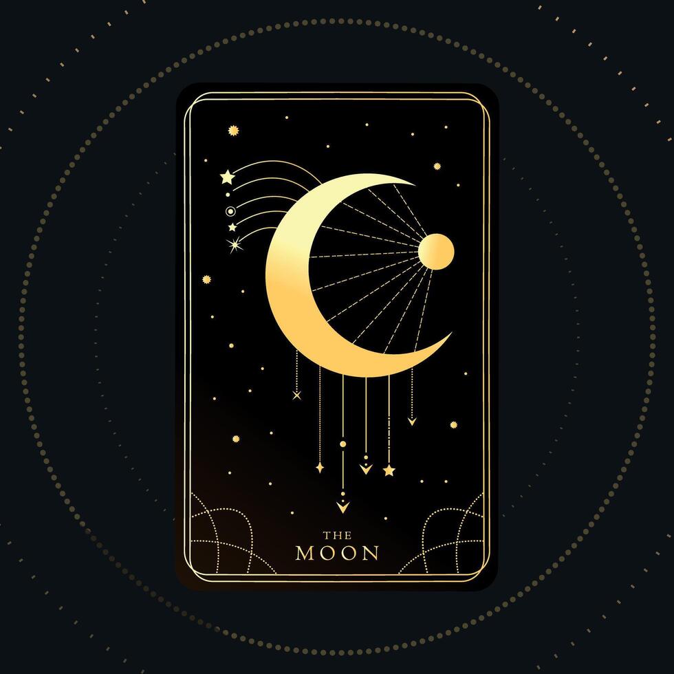 Golden Tarot card of Major Arcana the Moon. Shiny crescent decorated with chains and stars. Tarot symbolism. Mystery, astrology, esoteric vector