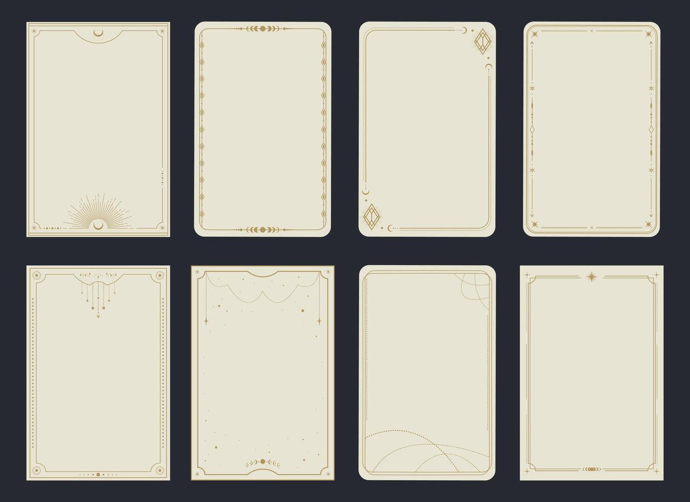 Esoteric magical Tarot cards templates. Golden frame border with celestial elements, crescents, stars. Mystery, astrology, alchemy vector