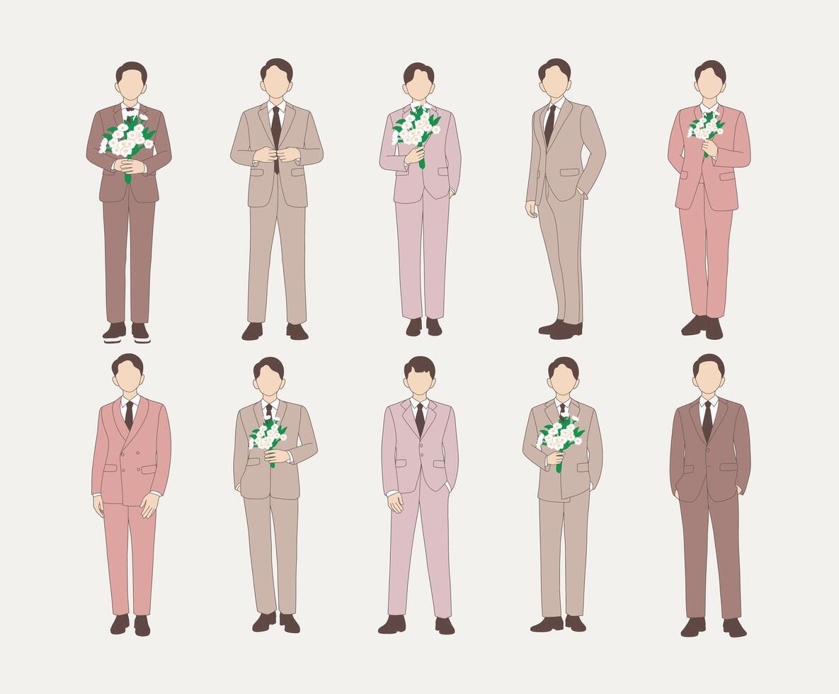 Illustration of Groomsmen in Stylish Suits with Bouquets vector