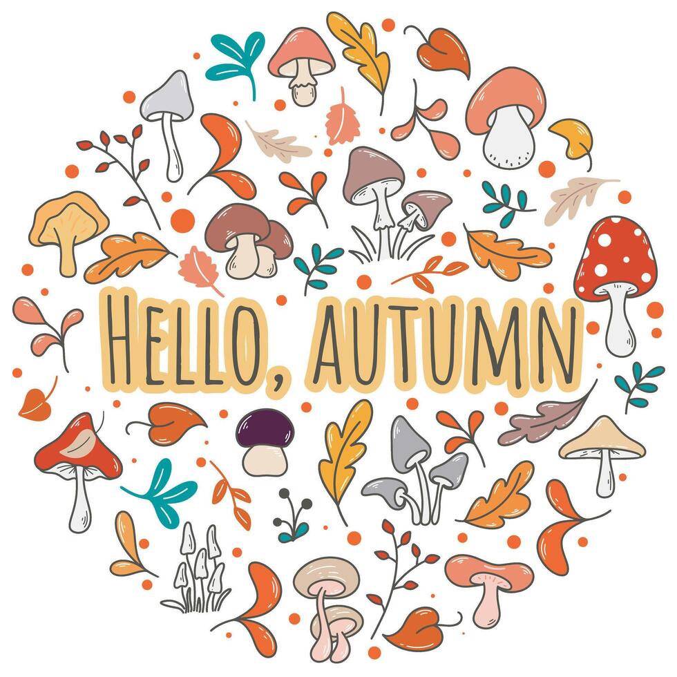 Hello autumn lettering in circle of foliage and mushrooms vector