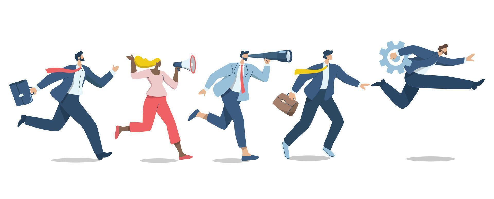 Set of character businessman run towards goal. Group of businessmen or company employees running fast, Business competition, Rushing to opportunity or success, design illustration. vector
