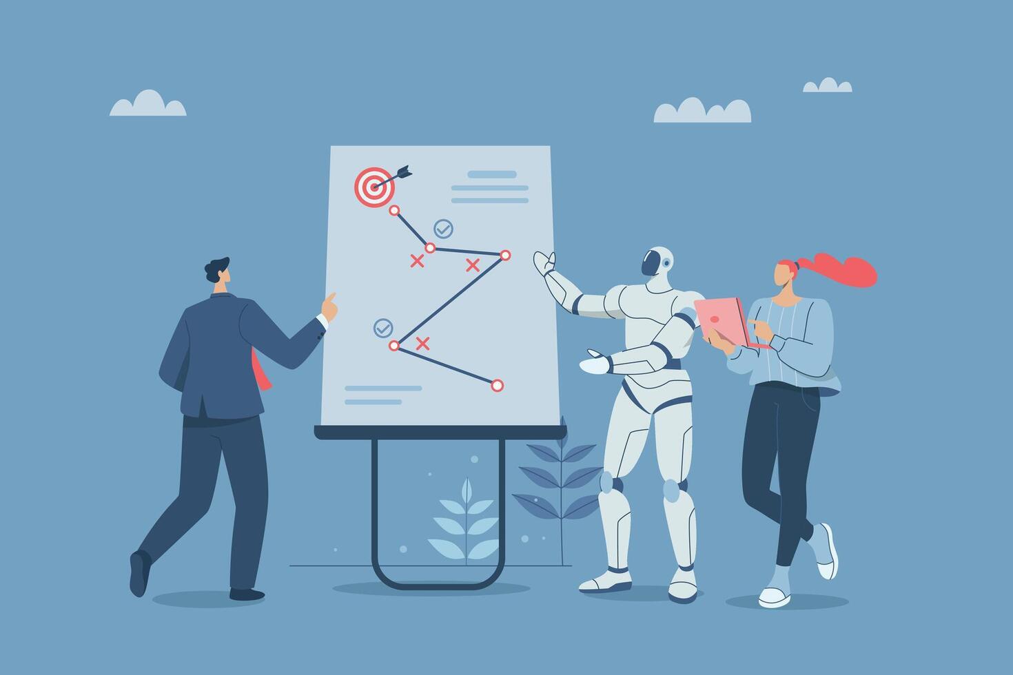 Strategic business planning, Working with artificial intelligence, AI support, Business team with robot brainstorms and plans strategic plans towards success or goals on a whiteboard. vector