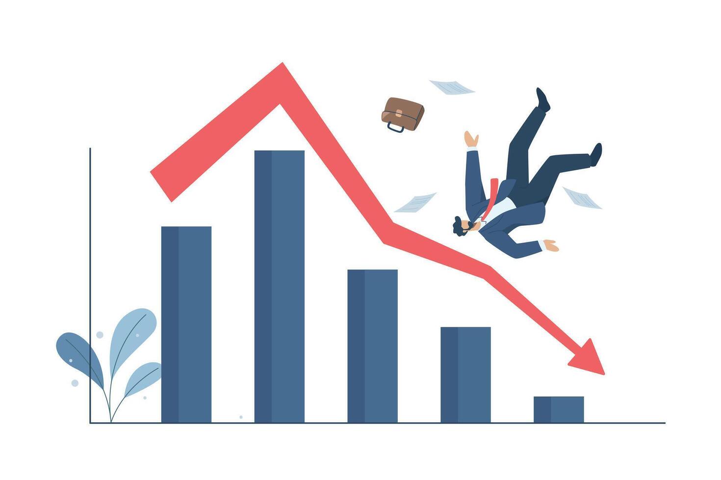 Businessman falls from a rising graph, Investment mistakes, Business investment risks, Business failure or economic recession, investment crisis or stock market crash, design illustration. vector