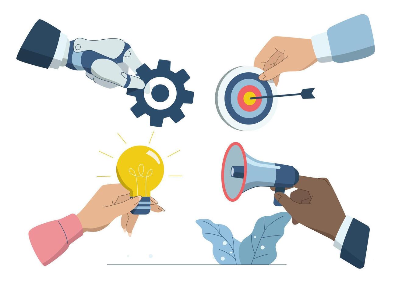 Successful teamwork, Working with artificial intelligence, Support of AI, Business team hands with robot hands with expertise and specific skills in the work. design illustration. vector