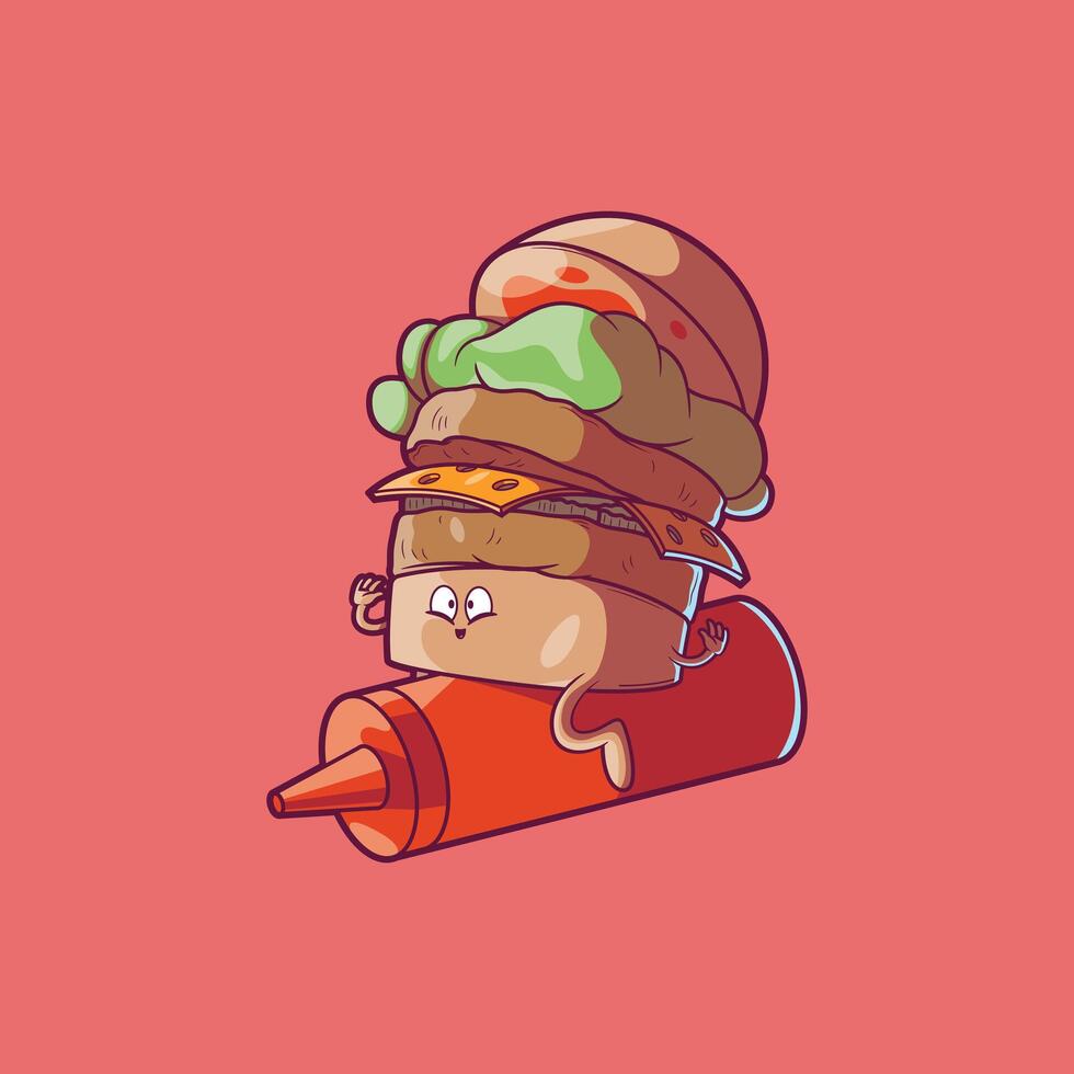 A Burger Character on top of a Ketchup bottle. vector