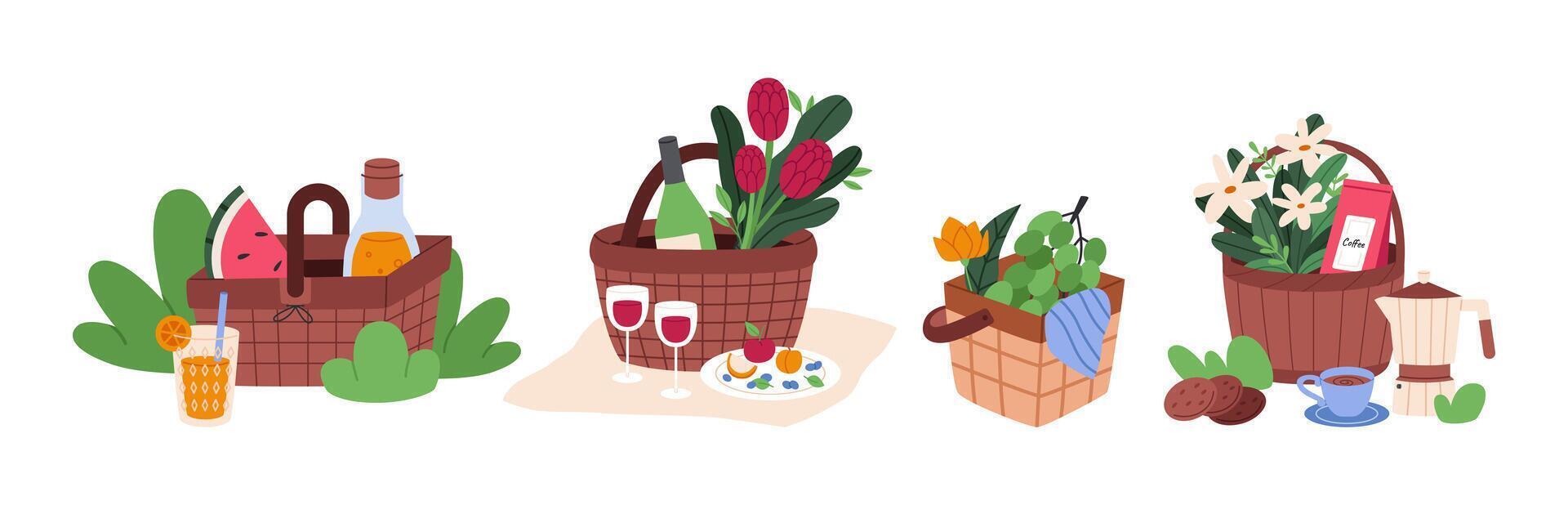 Set of wicker picnic baskets with food. Outdoor recreation. Hamper with food and drinks. Flat illustration isolated on white background. vector