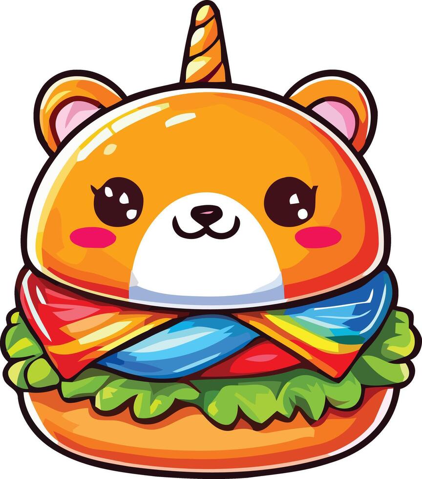 Animal shaped kawaii Burger with rainbow and unicorn vector