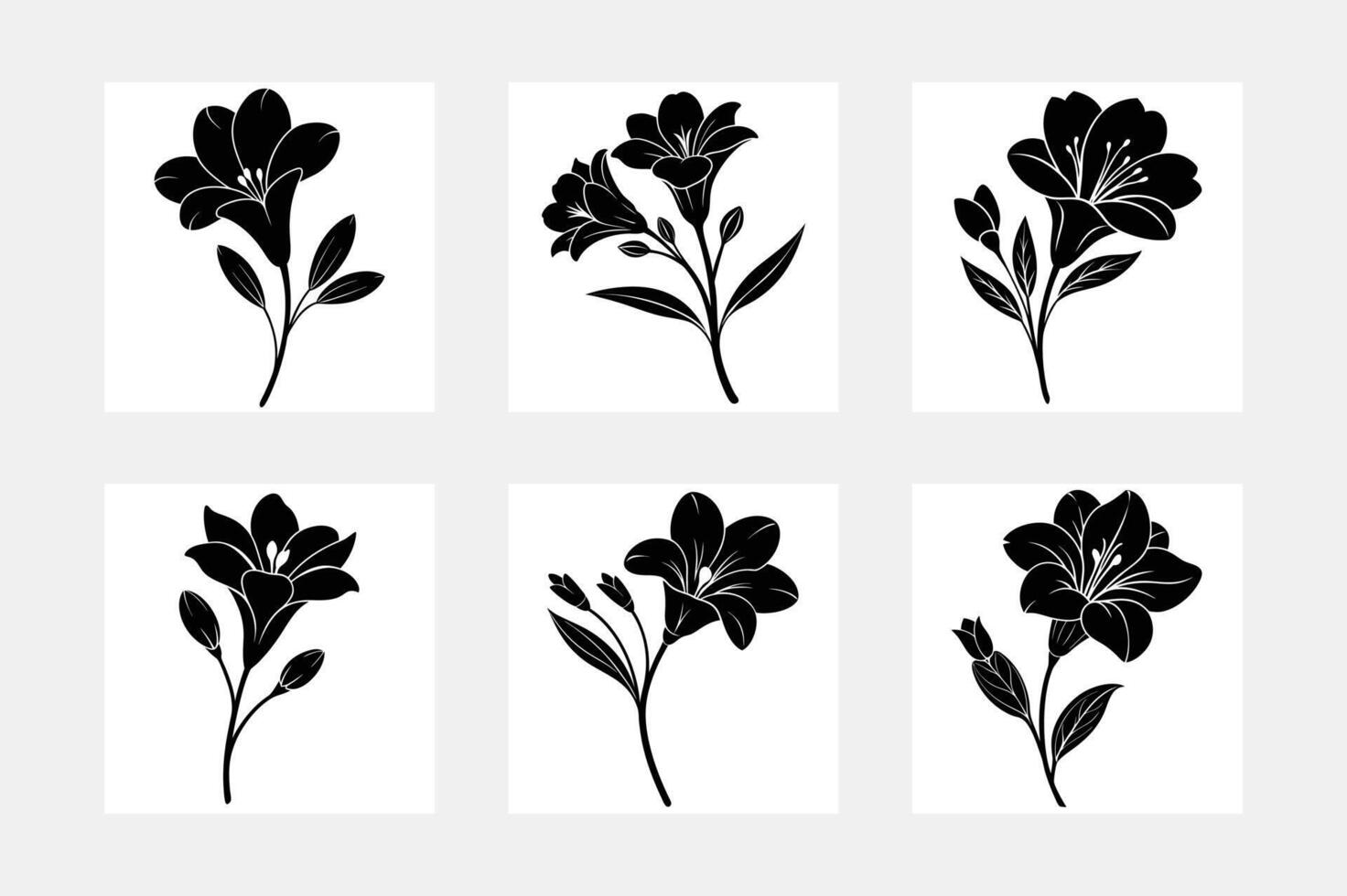 Minimalist freesia flower artwork set on white background silhouette vector