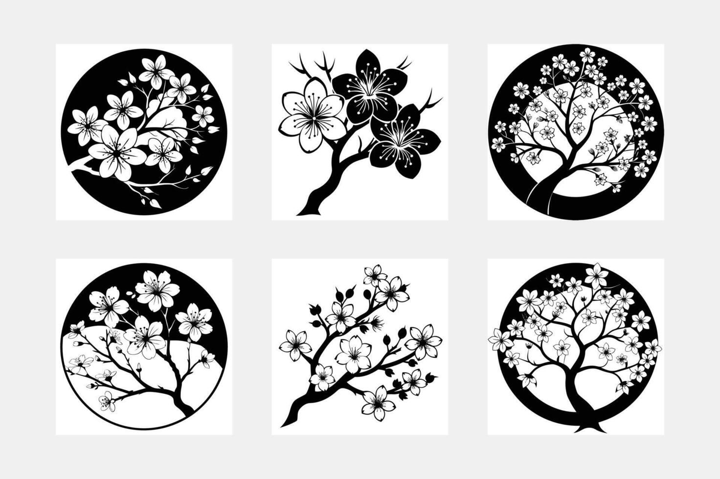 Artistic sakura flower silhouette white background artwork set vector