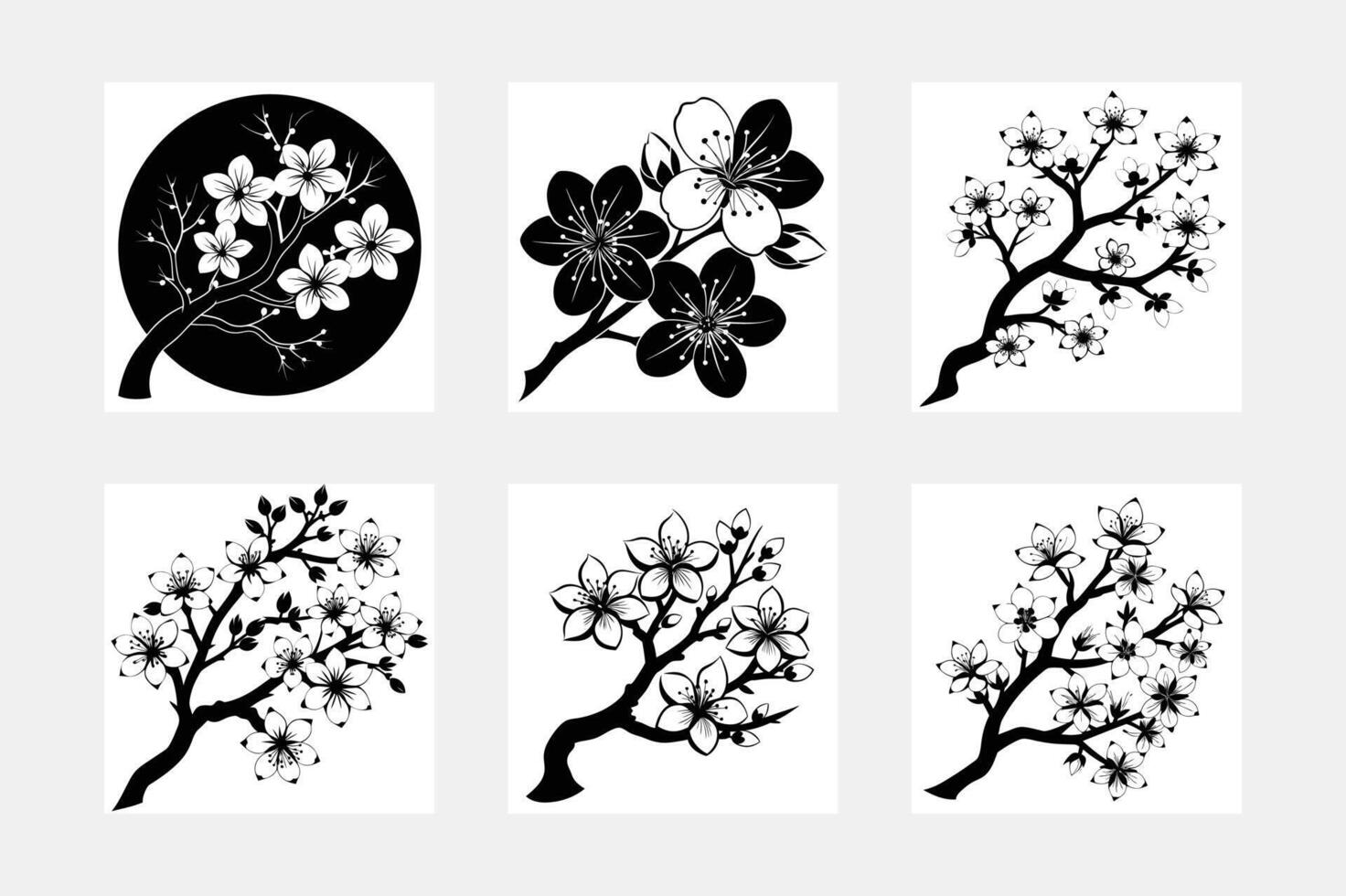 Gorgeous sakura flower silhouette white background artwork set vector