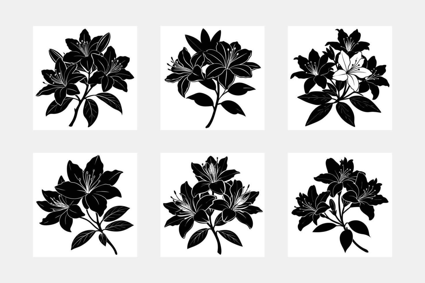 Azalea flower silhouette white backdrop artwork set vector