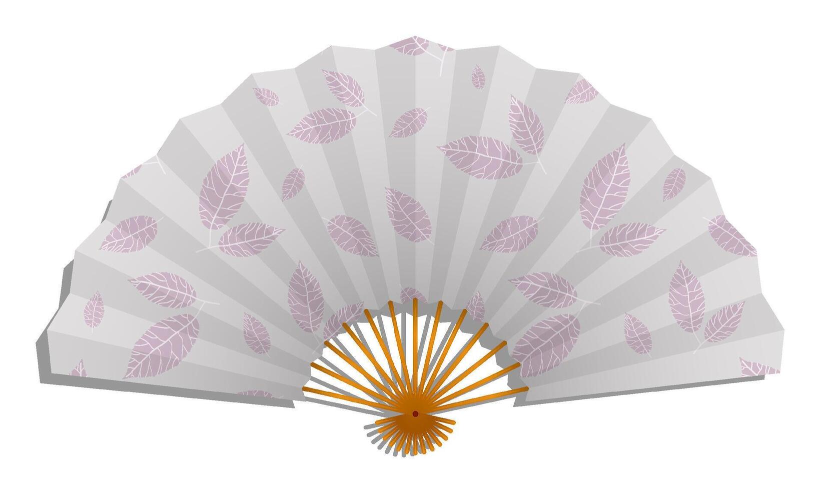 Realistic paper Female folding fan of Japanese geisha with pattern of plant leaves. isolated on white background vector