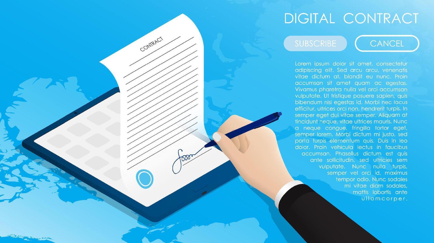 Isometric Concept. Business man hand signs contract, long term agreement on background of world map. Conclusion of transactions and certification of documents with digital signature. vector
