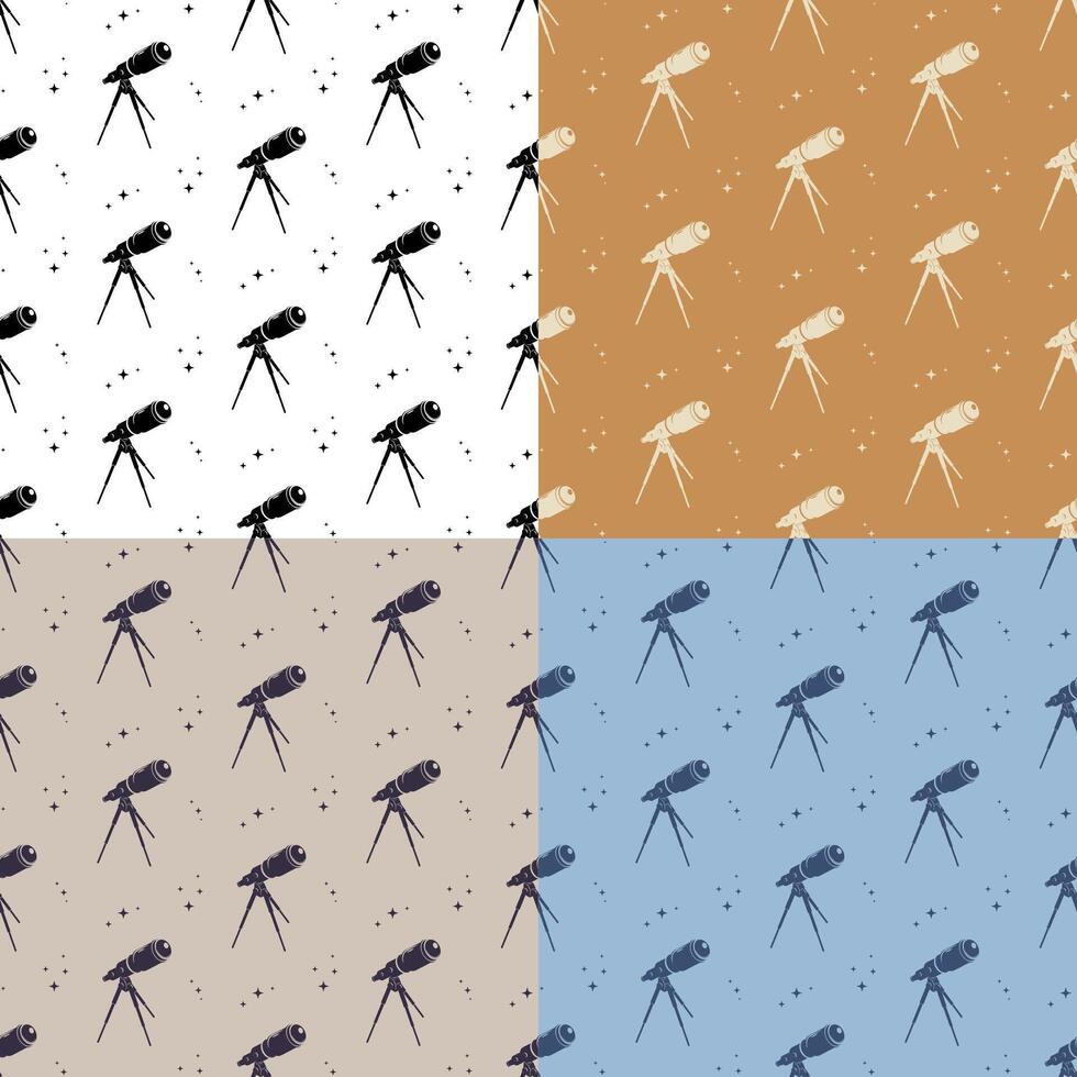 set of seamless patterns with Telescope on tripod for observing space, stars and planets of solar system. Ornament for decoration and printing on fabric. Design element. vector