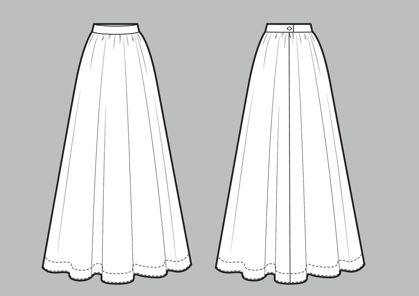 Long maxi skirt black and white line sketch. vector