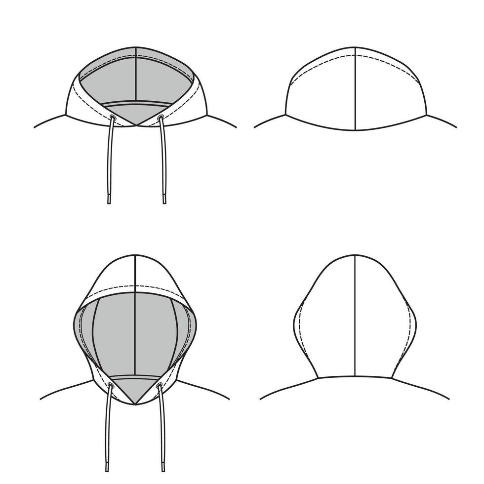 Hooded neck flat technical drawing template vector