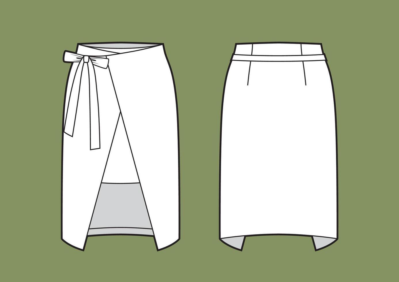 Skirt flat sketch template, modern skirt with straps clasp on rigth side. vector