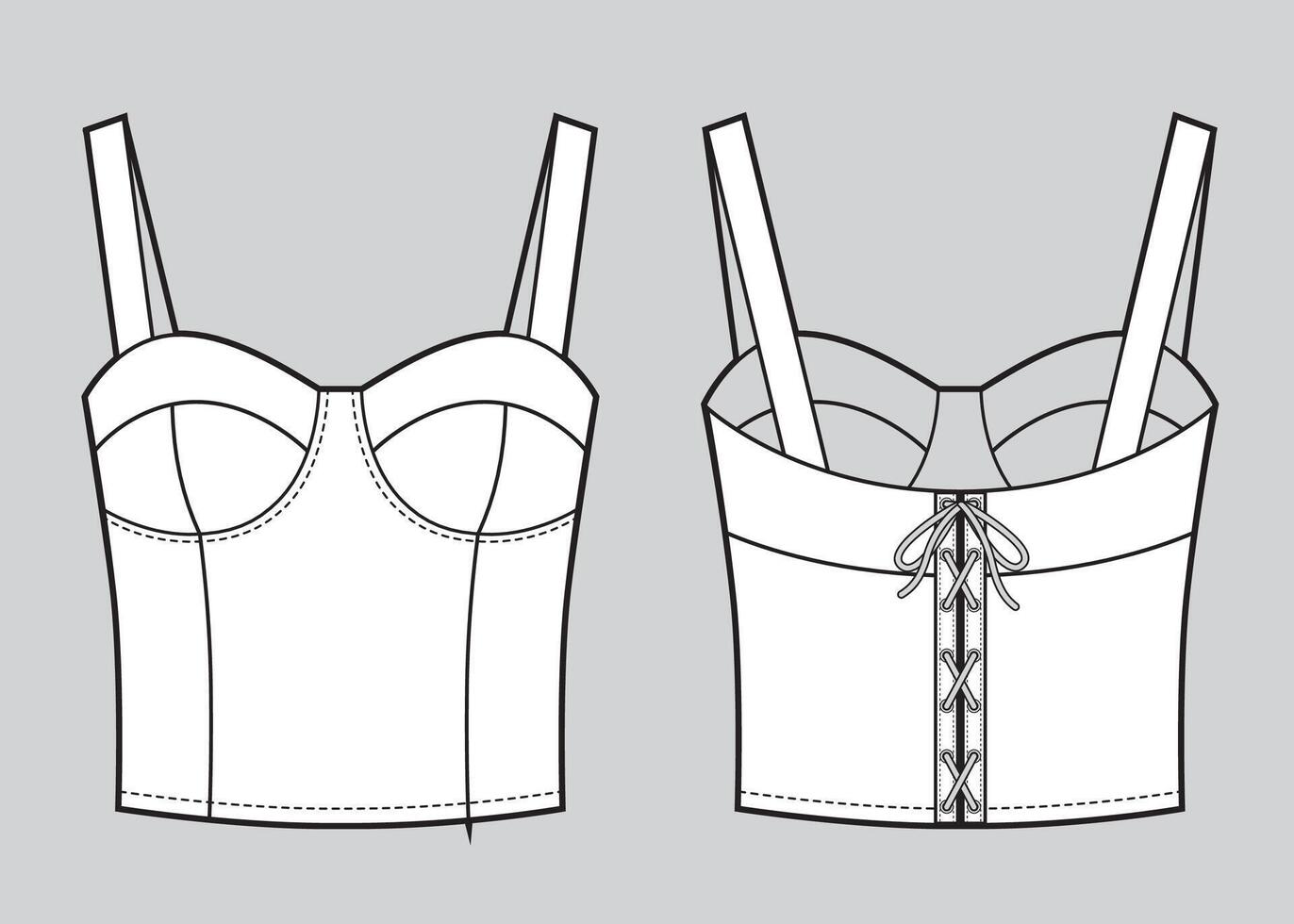 Corset top fashion flat technical drawing template vector
