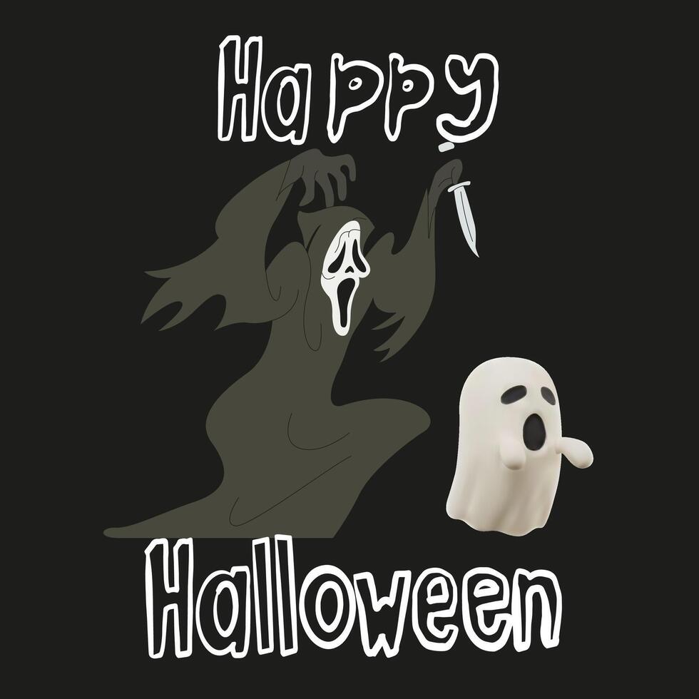 Spooky season illustration. Happy Halloween day. Creepy fictional characters. A vampire, a devil and a ghost. flat spooky characters vector