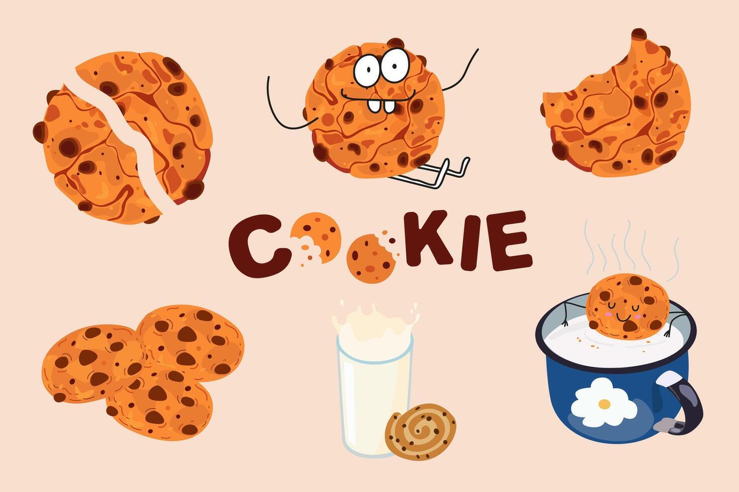 Cute flat cartoon chocolate cookies illustration. Cookies cute characters. Happy cookie day poster with inscription. Happy cookie day poster vector