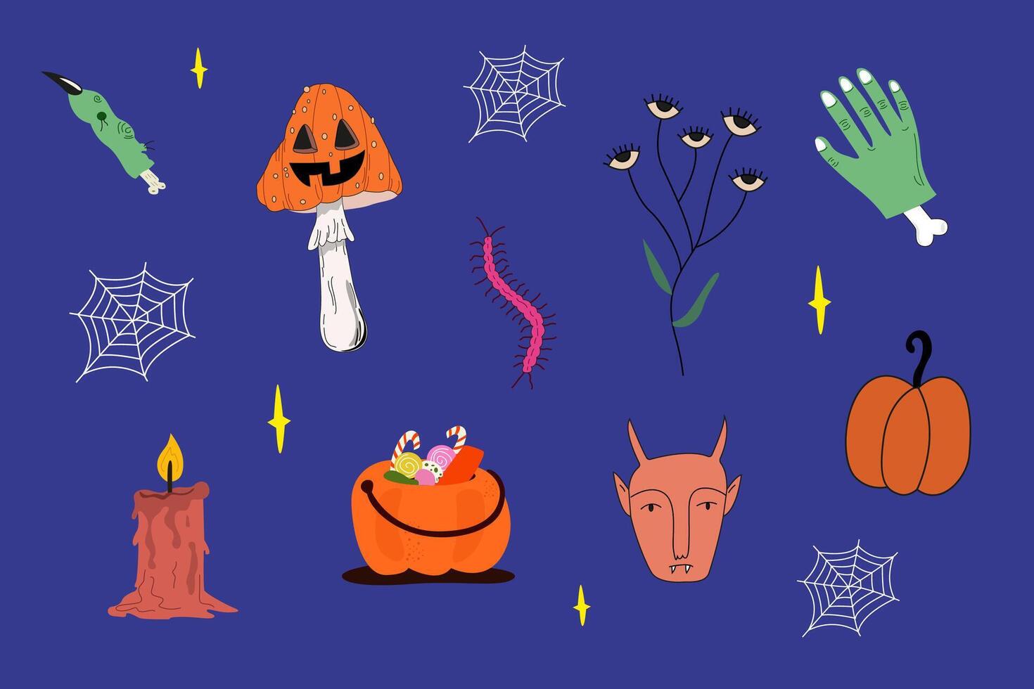 Spooky season illustration. Halloween icon set. Happy Halloween day. Creepy fictional characters. A vampire, a devil and creepy clown. flat spooky characters vector