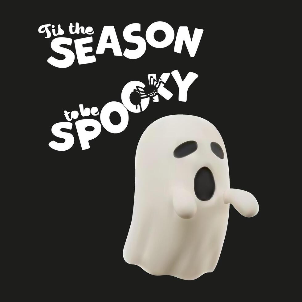 Happy Halloween day. Spooky 3D flat fictional character. Scary retro Halloween white ghost with inscription. Vintage 3D ghost with scared emotion vector