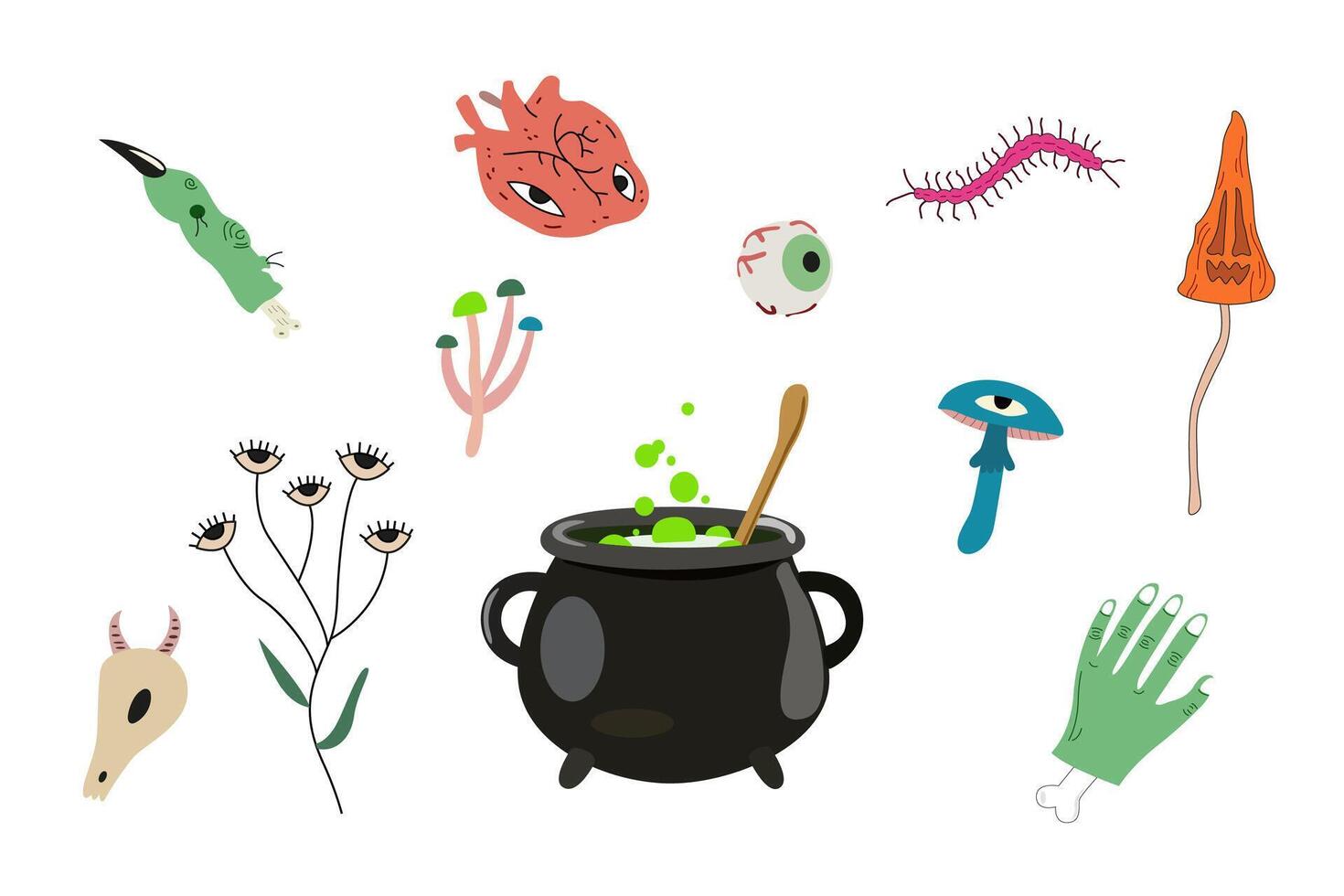 Spooky season illustration. Halloween icon set. Happy Halloween day. Cauldron with green potion and various magical elements vector