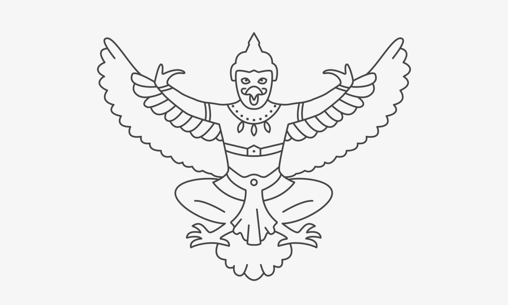 The garuda eagle bird. King of Garuda Krut lord. Black white line illustration vector
