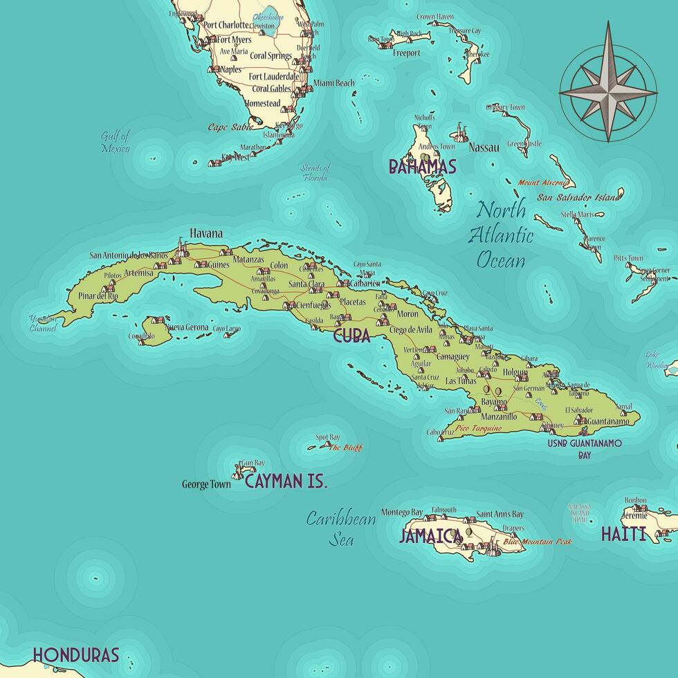 Artistic map of Cuba vintage fantasy style vector