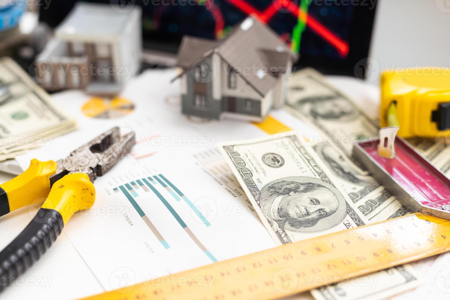 Architect concept, Architects working with blueprints in the office, Vintage Effect photo